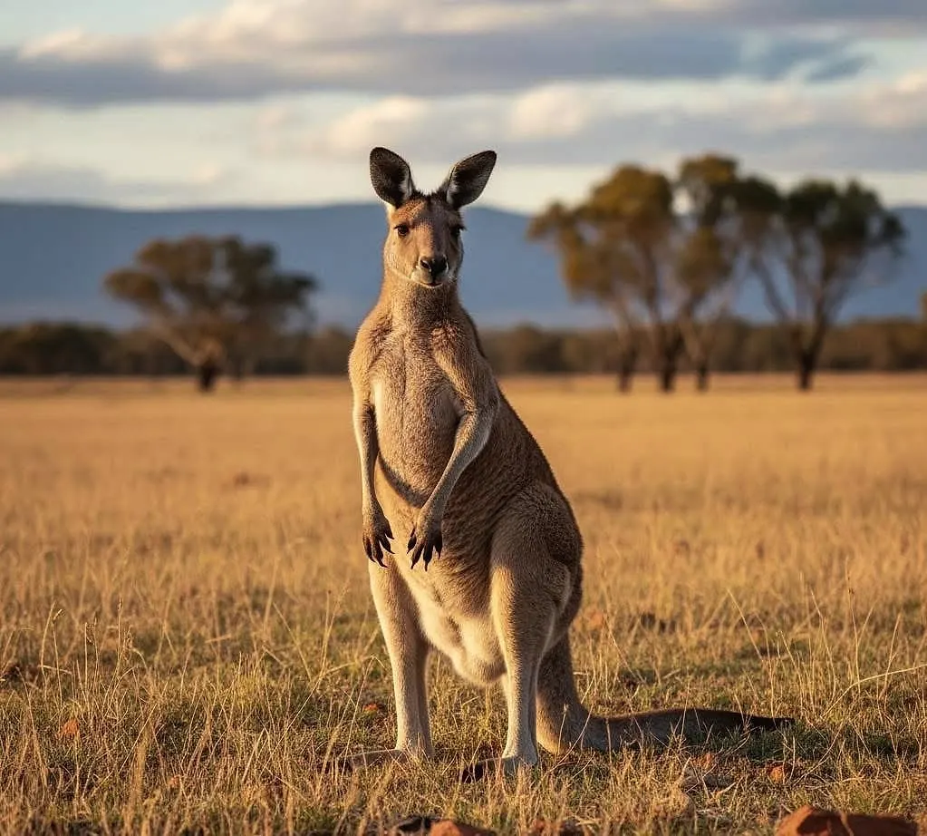 A kangaroo standing upright in golden grassland